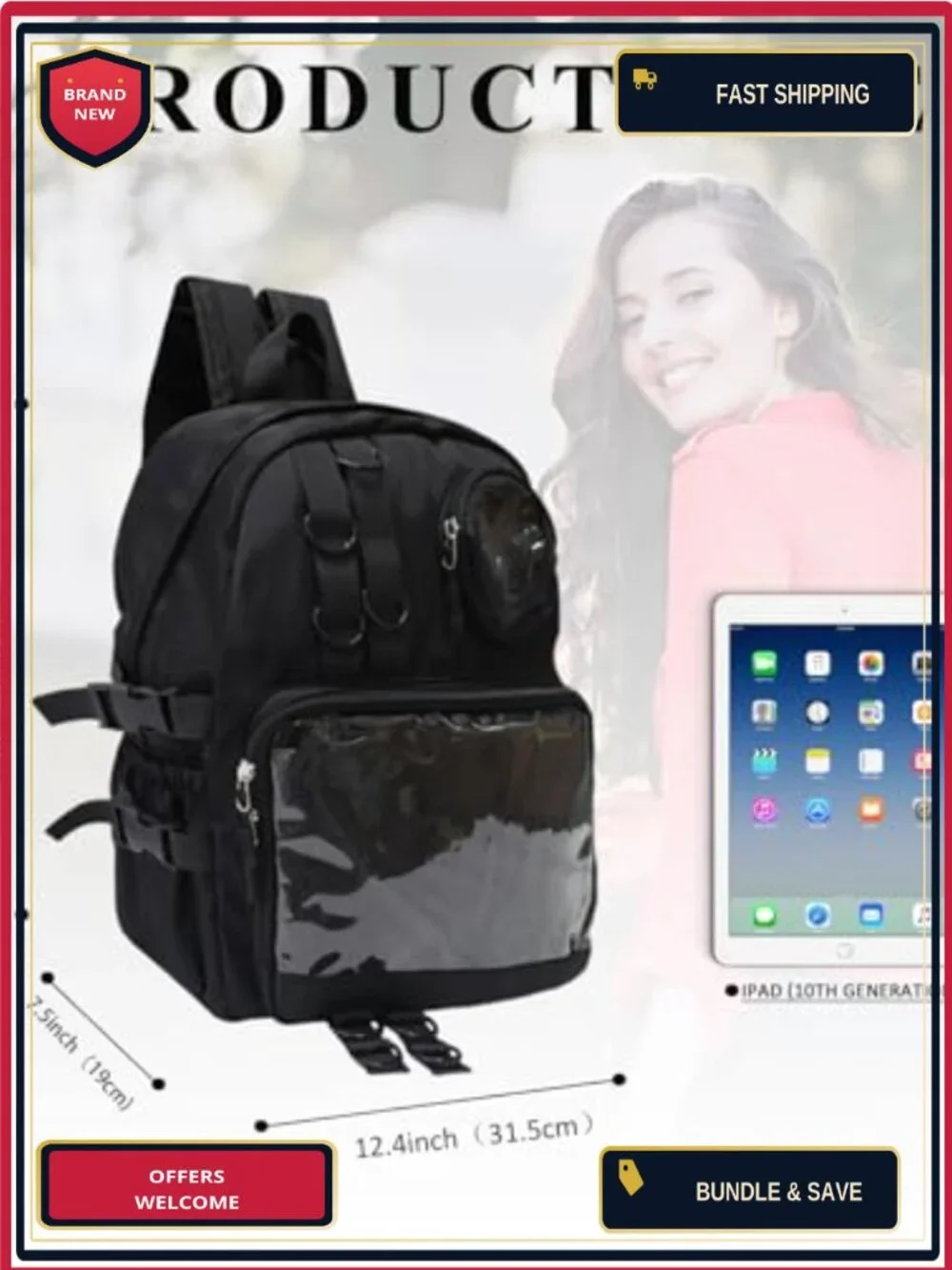 Nylon PVC Clear Window Backpack with Pin Display for School Travel Hiking